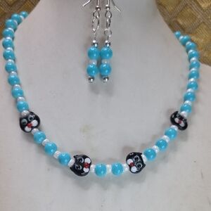 Handmade Turquoise Glass Bead Necklace and Earring Set with Cat Accent